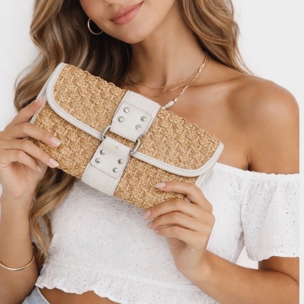 The Limited Woven Straw Clutch Bag White Trim Studded Buckle Tan Boho Chic 47-13